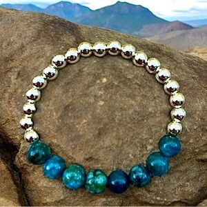 Blue Apatite Bracelet gold beads stretch waterproof gemstone bracelets